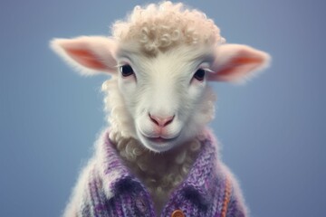 Wall Mural - Anthropomorphic baby sheep dressed in human clothing. Humanized animal concept. AI generated, human enhanced