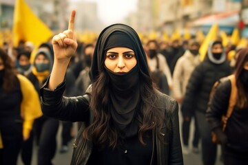 Wall Mural - Arab woman protesting at a social rally. AI generated, human enhanced