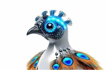 Poster - Peafowl White Background Robot Toy And Copyspace Generative AI