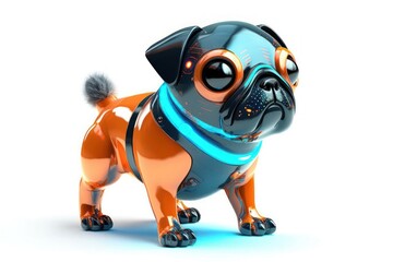 Poster - pug white background cyber robot pet and copy space generative ai