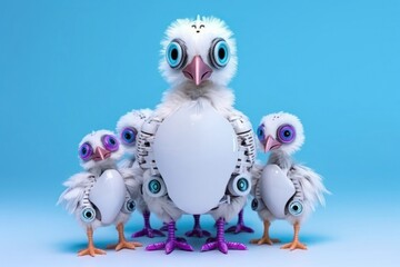 Poster - chicken light blue background cybernetic robot pet with copy space generative ai