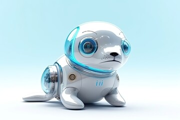 Poster - Seal Light Blue Background Cybernetic Robot Toy And Copyspace Generative AI
