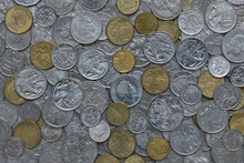 A Flat, Top View Montage Of Used Australian Two And One Dollar, Fifty, Twenty, Ten And Five Cent Coins Filling The Frame In Soft Lighting 