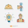Engineering and Worker Related Doodle Sticker Icon Set for Industrial, Maintenance, Manufacturing, Vector Illustration