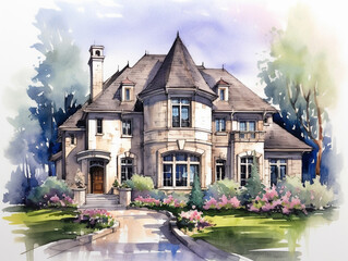 Wall Mural - A Watercolor of a Beautiful Home with a French Provincial Architecture Design | Generative AI