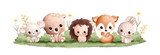 Fototapeta Pokój dzieciecy - Watercolor Illustration cute baby animals sit on grass with butterflies and flowers
