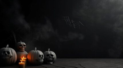 Wall Mural - 3d Pumpkin orange color Happy Halloween on black background with copy space for product, Generative AI.