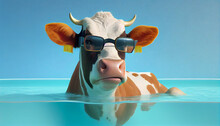 Happy Cow Having Fun At Summer Holidays In A Swiming In Pool Ai Generated Image