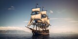 a pirate ship sailing in the ocean on a sunny day