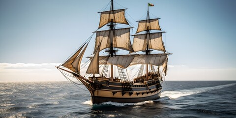 a large sailing ship in the middle of the ocean