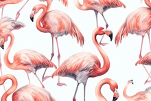 Seamless Pattern Of Pink Flamingo Bird In Watercolor Illustration. Generative AI