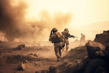 Wall Mural -  soldiers crosses warzone with fire and smoke in the desert, military special forces, tank