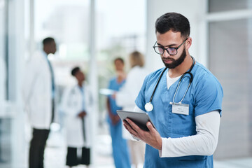 Poster - medical, doctor and tablet with a man in a clinic reading healthcare and wellness data at hospital. 