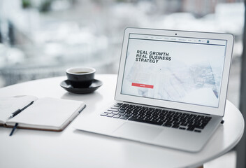 Poster - Empty, laptop screen and business plan with strategy on table with notebook, digital corporate presentation and website. Project report, information on pc and company growth with online planning