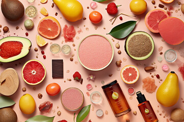 Top view of cosmetic skin care ingredients, healthy food with healthy elements and bright colors. generative AI