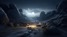 Night On The Planet With A View Of The Moon. Rocky Terrain. A Stream And A Ray Of Light In The Darkness.