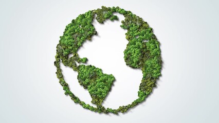 green world map- earth day video tree or forest shape of world map isolated on white background. ear