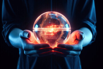 Wall Mural - ai generative. hands holding hologram sphere.