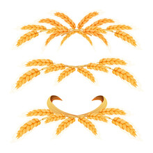 Set Wreath Border From Spikelets, Golden Color Wheat Horizontal Frame In Cartoon Style Isolated On White Background. For Bakery, Tags Or Labels
