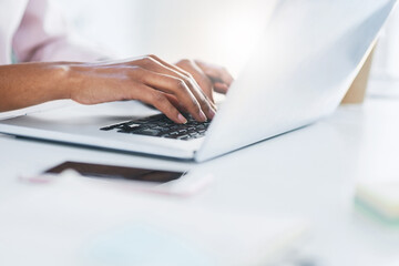 Poster - Laptop, typing and hands of business woman in office working on proposal, online document and project. Corporate, computer and closeup of worker on keyboard for writing email, internet and research