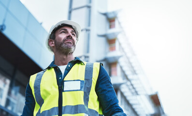 Aufkleber - Engineering, building and architecture with man in city for planning, designer or industry. Architecture, project management or infrastructure with male contractor on construction site for inspection