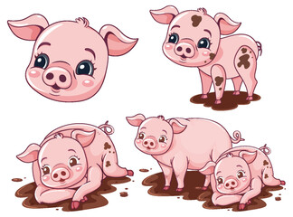 Wall Mural - Set of pink cute pig cartoon character playing mud