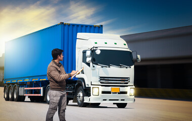 Worker Holds a Clipboard Checking the Loading of Trailer Truck. Handling of Logistics Transportation Industry. Cargo Container Trucks, Freight Truck Import-Export, Distribution Warehouse.