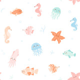 Fototapeta  - Undersea animals, seamless pattern with cute aqua creatures, fish, kawaii squid, jellyfish, starfish, pretty seahorse. Minimal background, vector illustration. Underwater characters, bubbles, corrals
