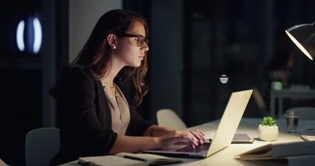 Laptop, night and business woman typing article story, research report or project for online media, website or blog. Editor focus, dark office and person editing news info, web post and working late