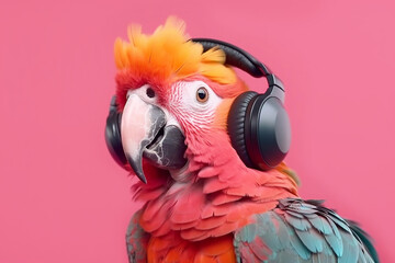 Colorful parrot in black headphones listen to music on pink background.