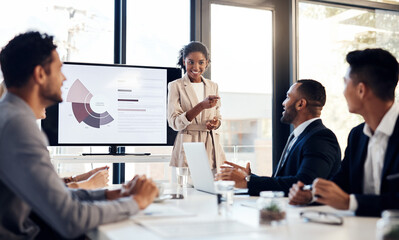 Presentation, meeting and finance with a business woman talking to her team in the office boardroom. Training, workshop and education with a female coach teaching staff using a graph display at work