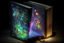 Magic Book With Open Pages And Abstract Lights. Generative Ai