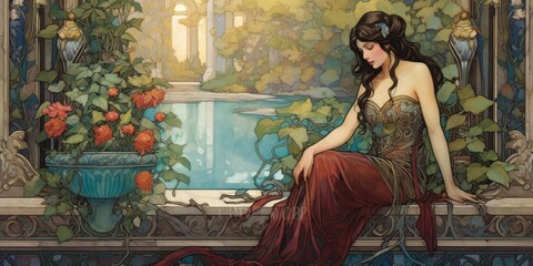 Wall Mural - Art Nouveau print of a young woman sitting on a bench - generative ai	