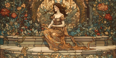 Wall Mural - Art Nouveau print of a young woman sitting on a bench - generative ai	