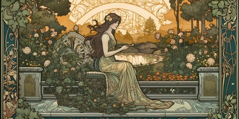 Art Nouveau print of a young woman sitting on a bench - generative ai	