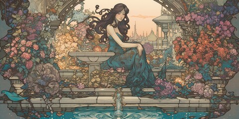 Wall Mural - Art Nouveau print of a young woman sitting on a bench - generative ai	