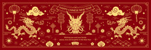 Happy Chinese New Year 2024 The Dragon Zodiac Sign With Clouds, Lantern, Asian Elements Gold Paper Cut Style On Color Background. Year Of The Dragon Banner	
