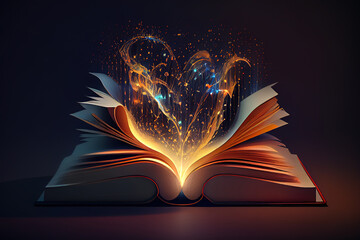 Wall Mural - Education and book concept close up hand holding open book with magic lights. Generative Ai
