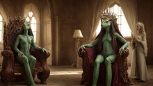 lizard humanoid rulers green skinned queen and king sitting on throne in castle, older slave human woman in white dress looking at them, generative AI