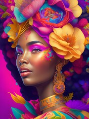 3D Colorful Illustration of Beautiful Black Woman, Floral Concept, Magical Modern Bright Shiny Colour Make-Up, Generative AI
