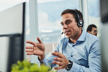 Poster - Businessman, call center and consulting on computer in customer service, support or telemarketing at office. Man employee, consultant or agent talking on PC for online advice or help in contact us