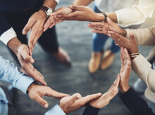 Collaboration, Diversity And Business People With Their Hands Together In A Circle For Unity. Teamwork, Friends And Top View Of Multiracial Employees With Connection For Team Building In The Office.