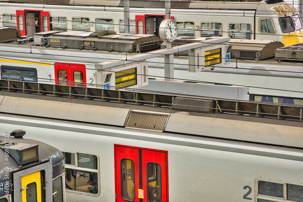 Belgian railroad trains in a train station. Close-up and detail. Stock ...