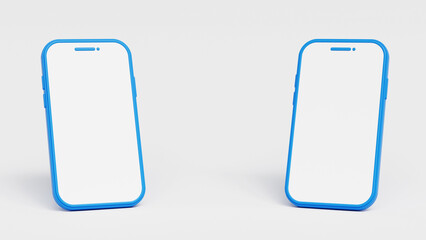Two Blue smartphones mockup with free space for text, 3D illustration template. Mobile phone front view on the white background