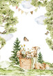 © 60seconds - Watercolor nursery birthday frame. Hand painted card of cute baby animals, forest landscape, tree, bunny, rabbit, birds. Illustration for baby shower design, wall art, nursery decor, print, kids print