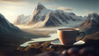 Illustration of a cup of coffee on a table with a view of the mountains. Hot beverage. Morning in the mountains. Morning cup of coffee with mountain background Ai generated image