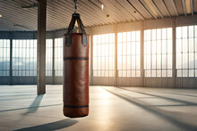 Old Vintage Leather Punching Bag Hanging In The Training Gym , Ambiant Light , Champion's Training Concept , Copy Space