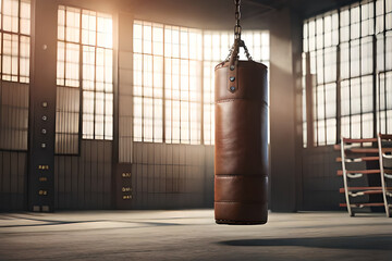 old vintage leather punching bag in the trainng gym , ambaiant light , champion's training concept , copy space