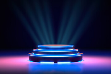 Aufkleber - Elegant 3D Rendering of Podium with Neon Lights. created with Generative AI