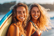 © VisualProduction - Smiling friends in sunglasses with surfs on beach. Young people spending summer days on the beach with friends. Generative AI